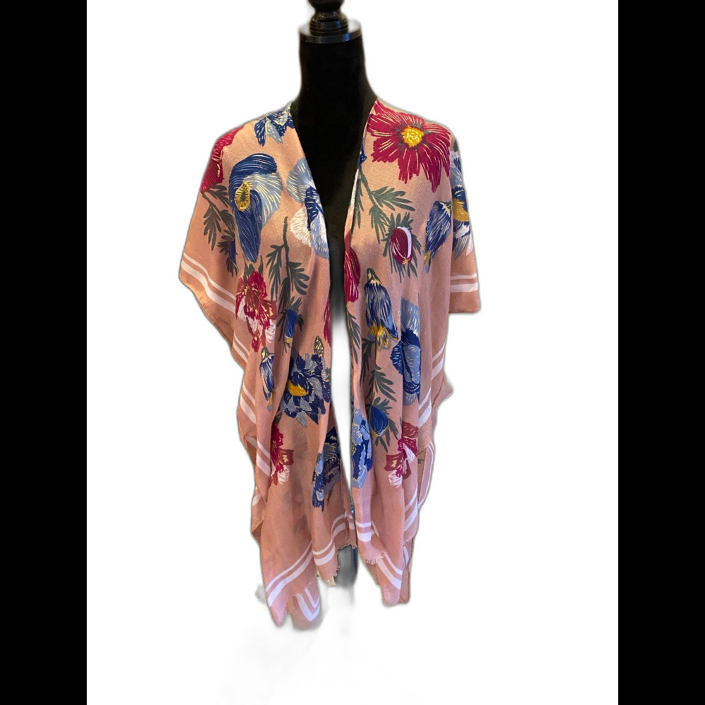 Woven Heart Swimsuit Coverup Plus Size 1X-2X Blue Boho Open Front Flowy